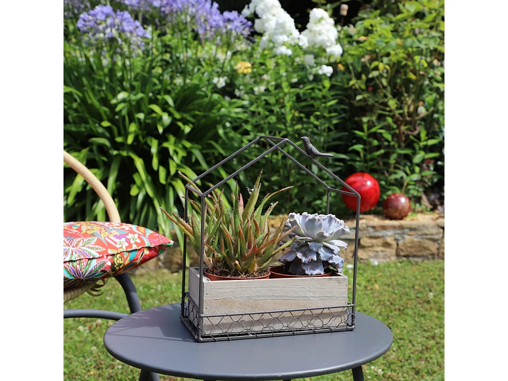 Jardinière extérieure pot fleurs jardin bois métal marron 25x14x30cm