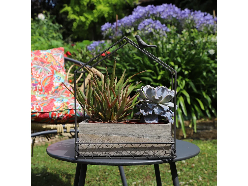 Jardinière extérieure pot fleurs jardin bois métal marron 25x14x30cm