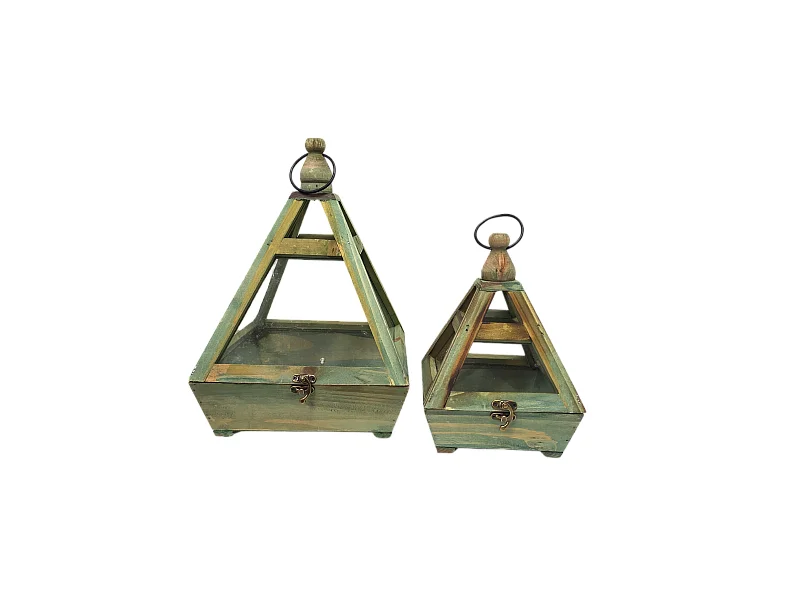 Set de 2 mini serres d'intérieur pyramide en bois gris et verre