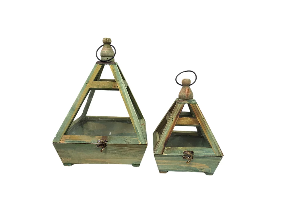 Set de 2 mini serres d'intérieur pyramide en bois gris et verre