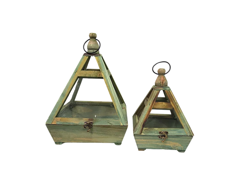 Set de 2 mini serres d'intérieur pyramide en bois gris et verre
