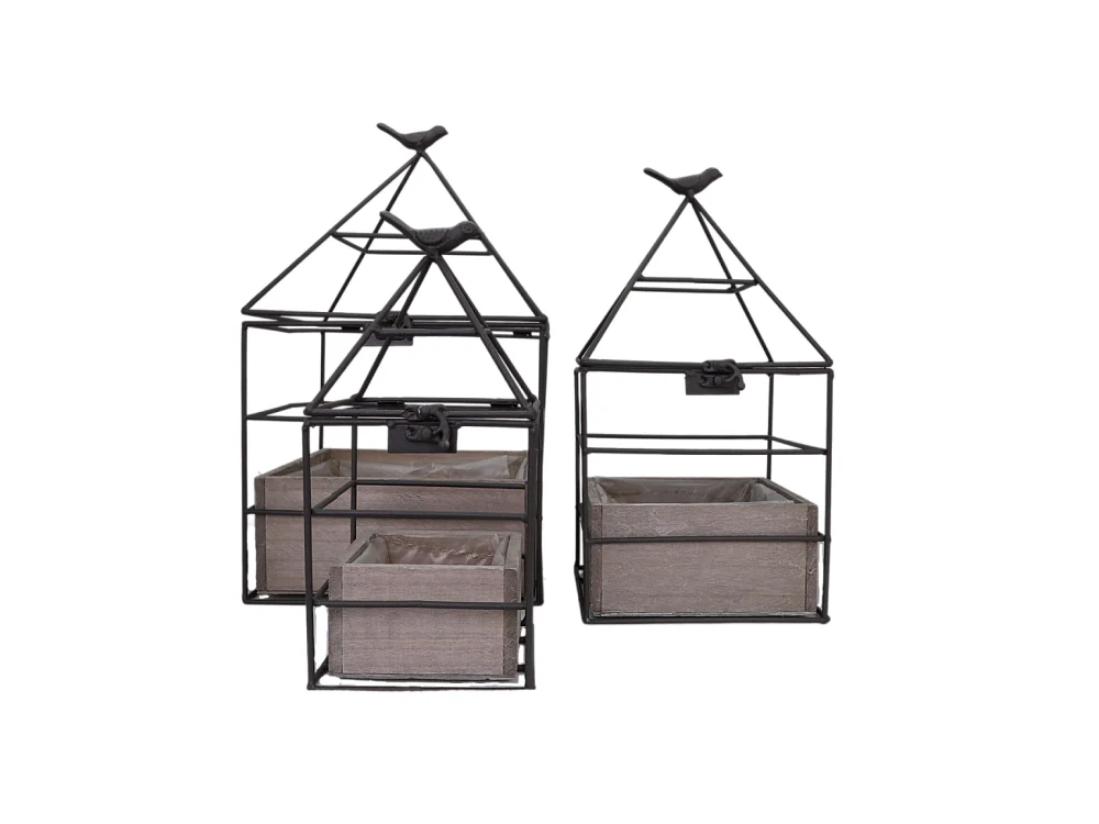 Set3 jardinières jardin extérieur bois métal marron 25-36-38cm