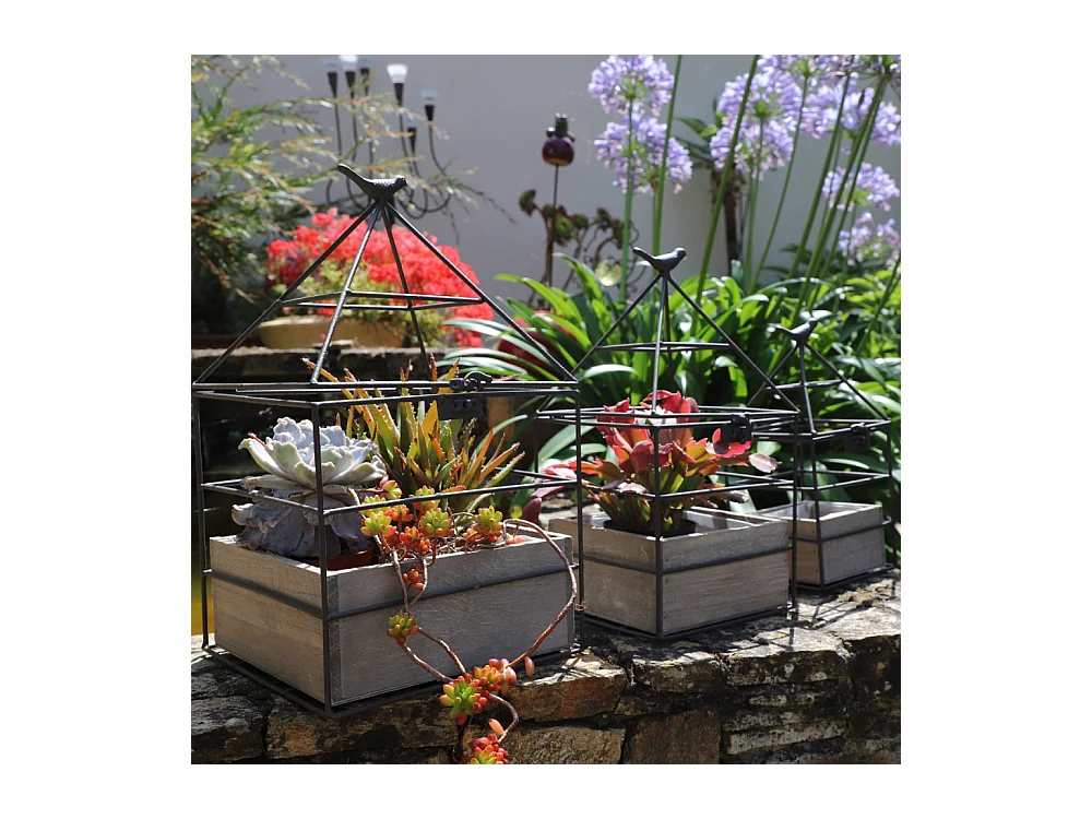 Set3 jardinières jardin extérieur bois métal marron 25-36-38cm