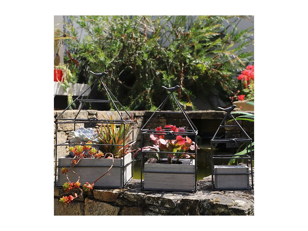 Set3 jardinières jardin extérieur bois métal marron 25-36-38cm