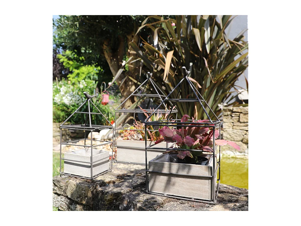 Set3 jardinières jardin extérieur bois métal marron 25-36-38cm