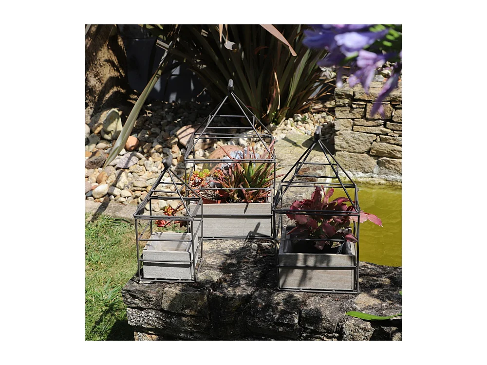 Set3 jardinières jardin extérieur bois métal marron 25-36-38cm