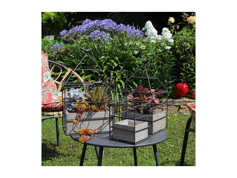 Set3 jardinières jardin extérieur bois métal marron 25-36-38cm