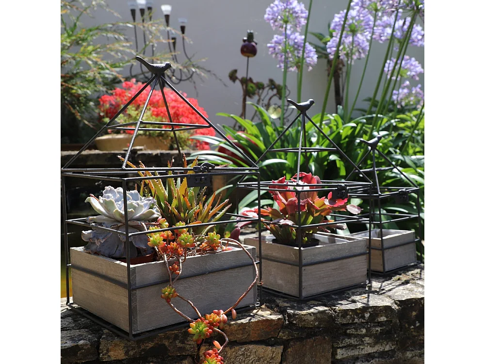 Set3 jardinières jardin extérieur bois métal marron 25-36-38cm