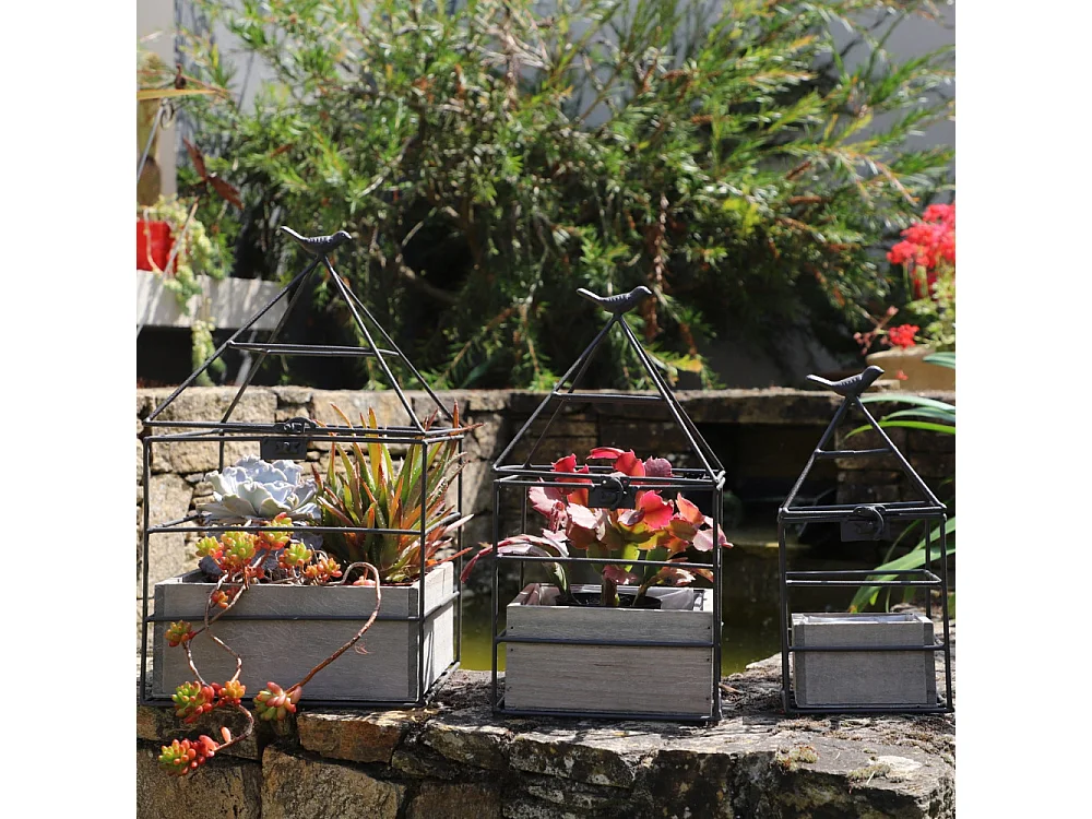 Set3 jardinières jardin extérieur bois métal marron 25-36-38cm