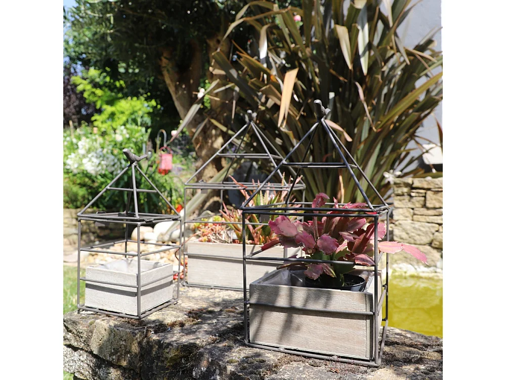 Set3 jardinières jardin extérieur bois métal marron 25-36-38cm