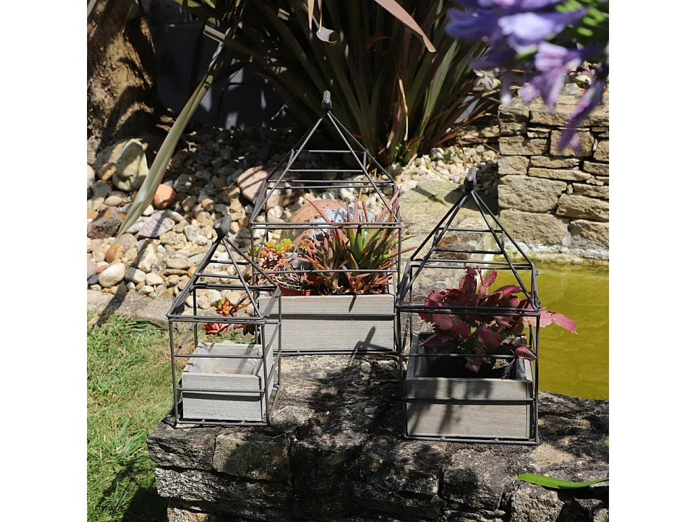 Set3 jardinières jardin extérieur bois métal marron 25-36-38cm