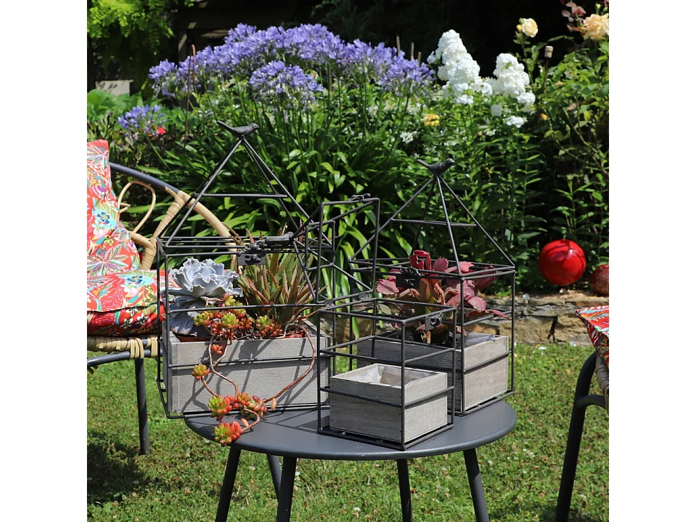 Set3 jardinières jardin extérieur bois métal marron 25-36-38cm