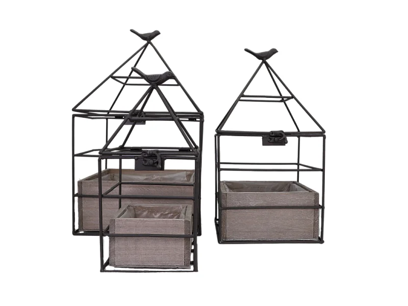 Set3 jardinières jardin extérieur bois métal marron 25-36-38cm