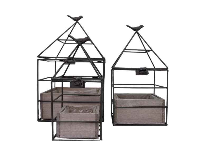 Set3 jardinières jardin extérieur bois métal marron 25-36-38cm