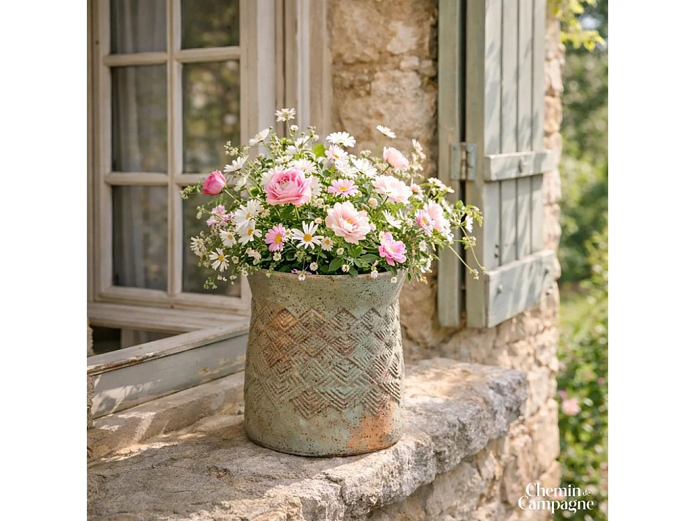 Cache-pot haut rond évasé "Tressage" ciment Ø16 x 18 cm