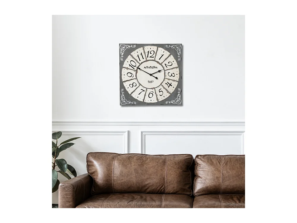 Grande horloge murale décorative vintage salon bois gris blanc 78cm