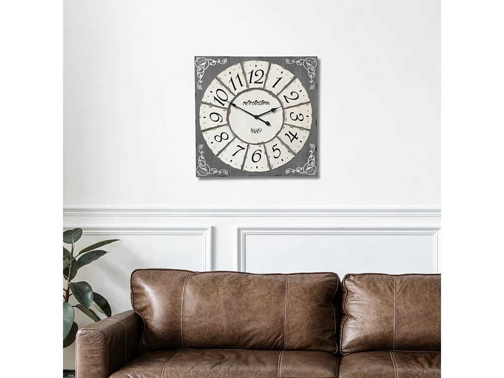 Grande horloge murale décorative vintage salon bois gris blanc 78cm