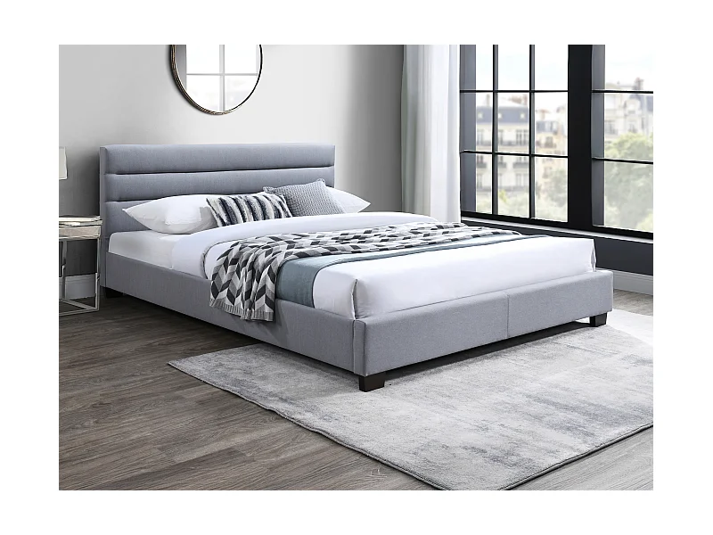 Polsterbett - 140 x 190 cm - Stoff - Grau + Matratze - FAUSTIN