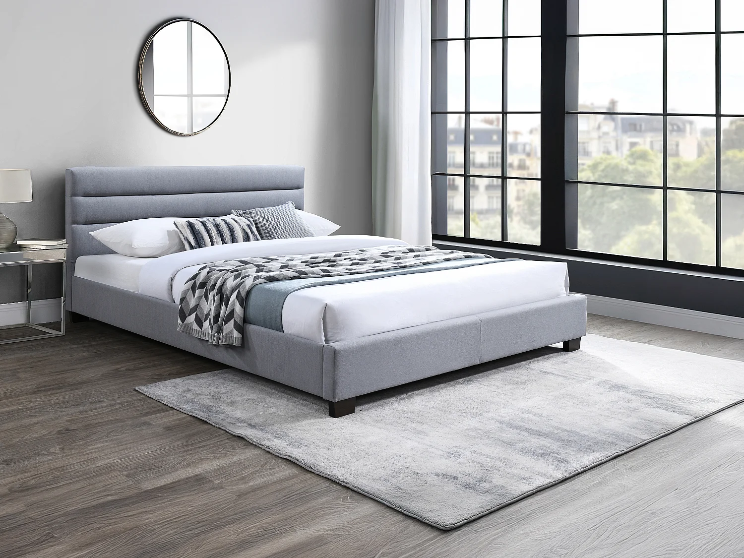 Lit 140 x 190 cm - Tissu - Gris + Matelas - FAUSTIN