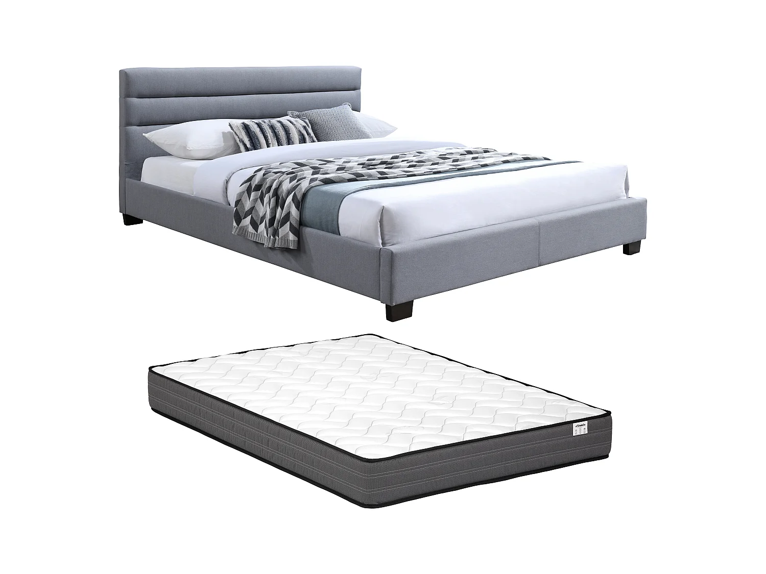 Lit 140 x 190 cm - Tissu - Gris + Matelas - FAUSTIN