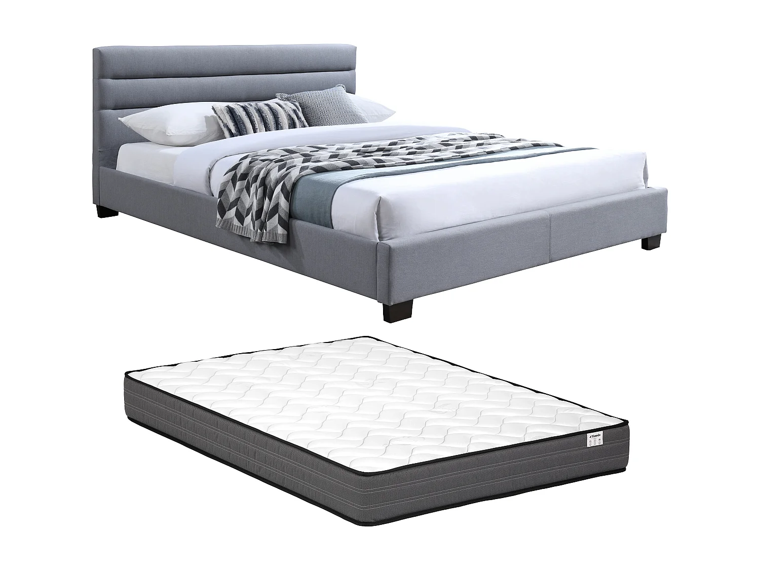 Lit 160 x 200 cm - Tissu - Gris + Matelas - FAUSTIN