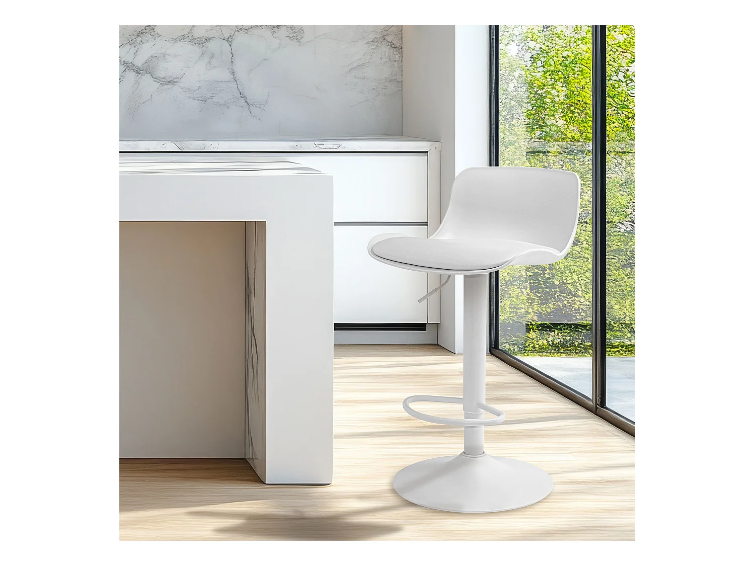 Amsterdam - Conjunto de 2 bancos de bar 45x80x45 cm em polietileno de aço pintado e estofo em pele branca