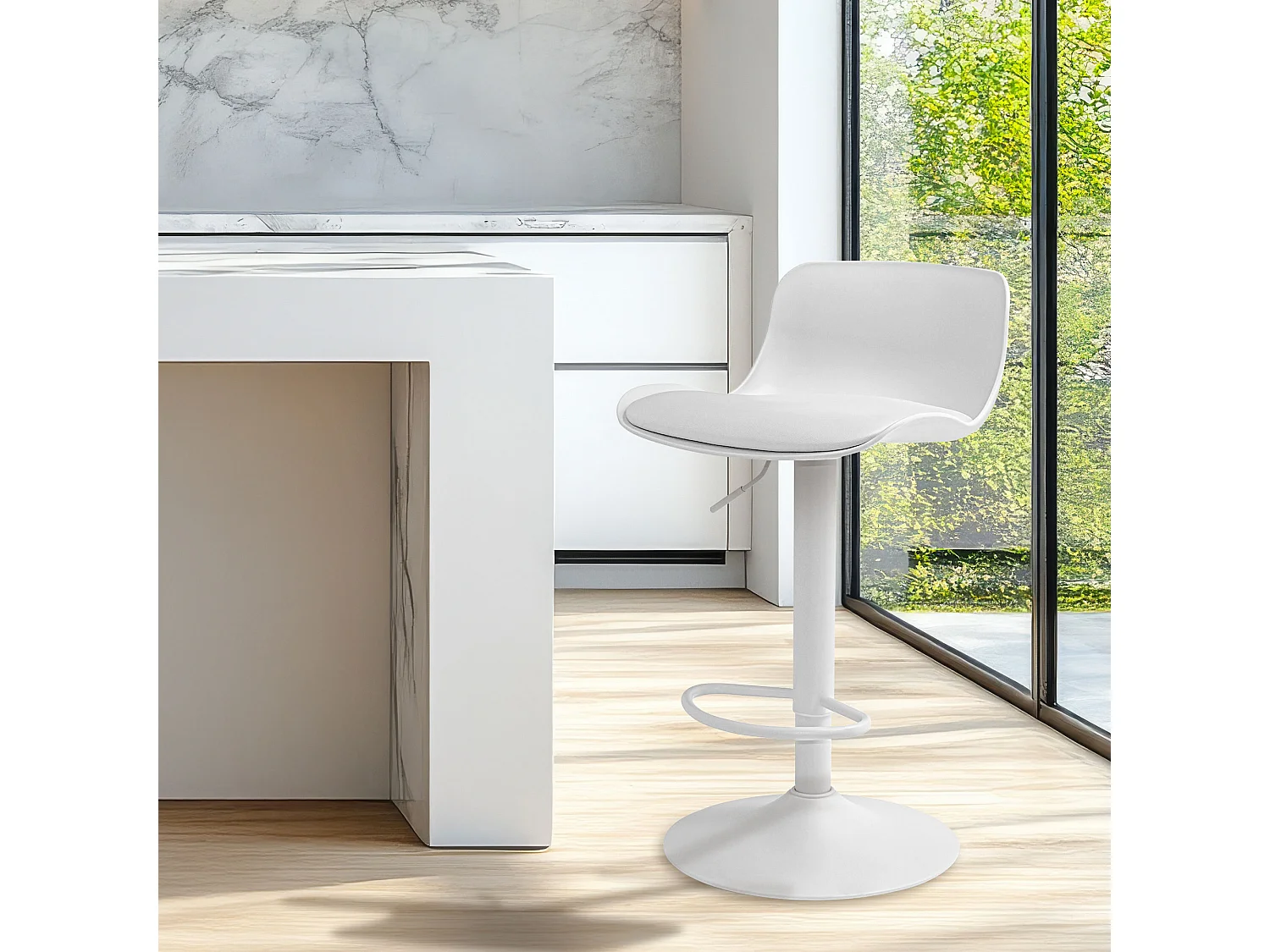 Amsterdam - Lot de 2 tabourets de bar 45x80x45 cm en acier peint polyéthylène et tapissé simili cuir blanc