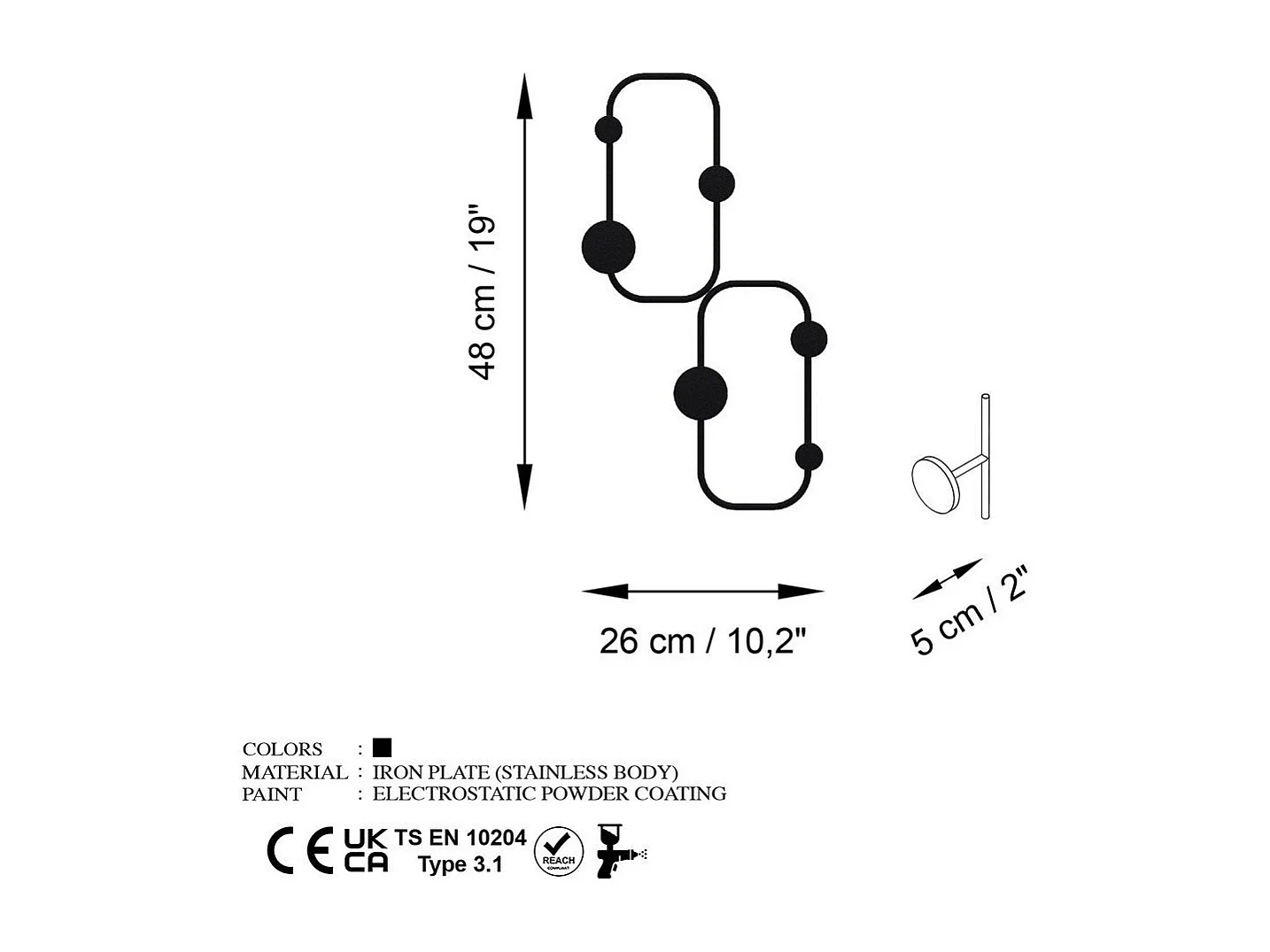 Cabide de parede de design orgânico com 5 ganchos em metal preto H48 cm - LADYBUG