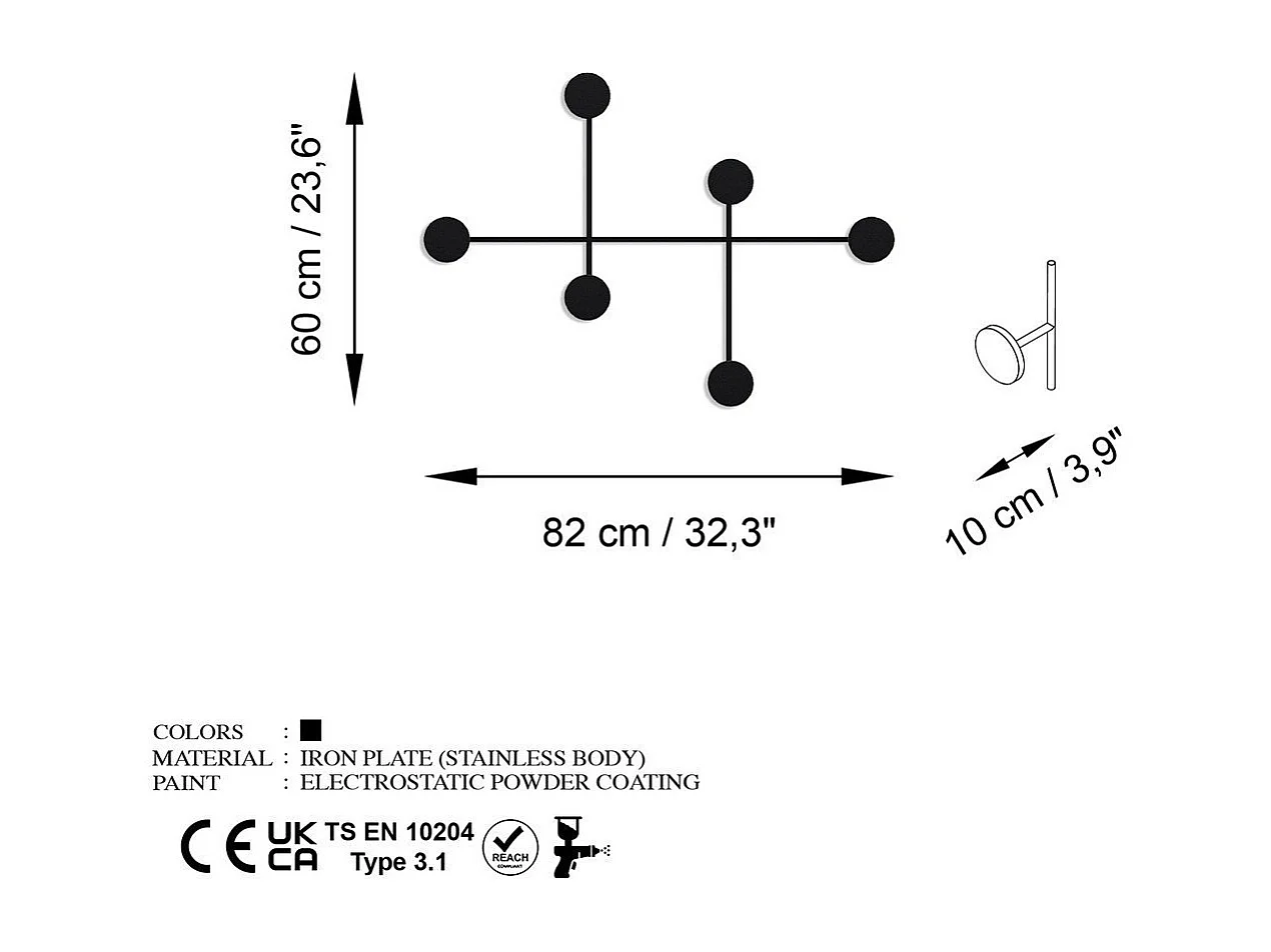 Cabideiro de parede 6 ganchos em metal H60 cm - DAMA