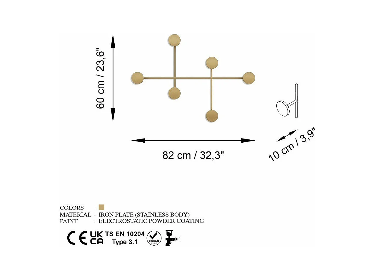 Porte manteaux mural 6 patères en métal H60 cm - DAMA