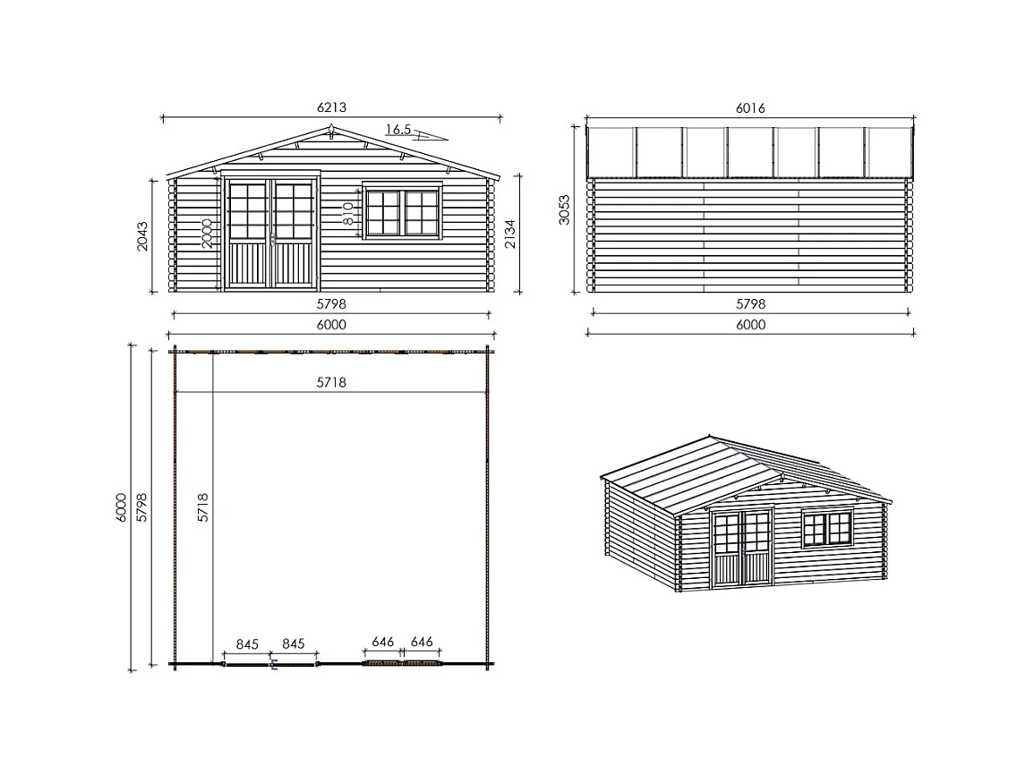 Abri de jardin en bois - 36m2 - 6x6m - Ep. 40mm - Couleur: naturel - DOM749 - ALTANKA