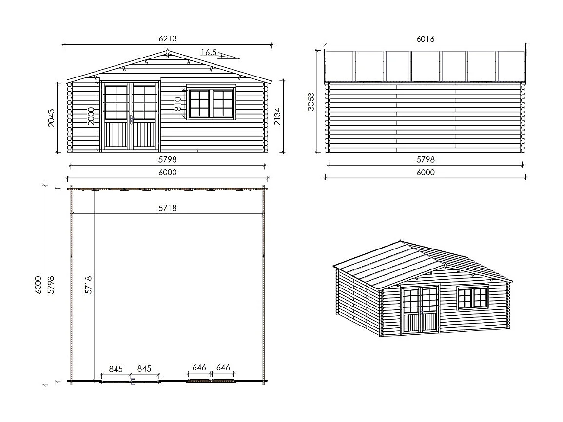 Abri de jardin en bois - 36m2 - 6x6m - Ep. 40mm - Couleur: naturel - DOM749 - ALTANKA