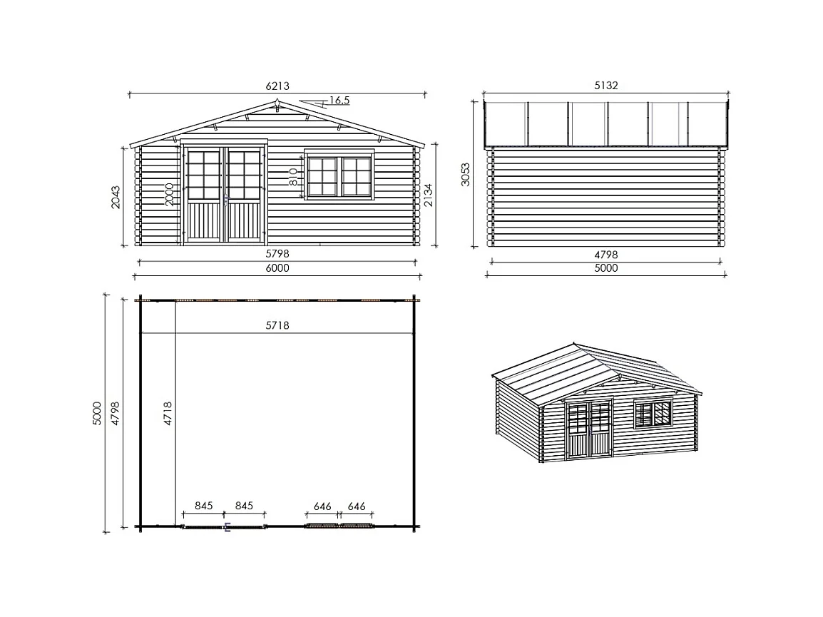 Abri de jardin en bois - 30m2 - 6x5m - Ep. 40mm - Couleur: naturel - DOM747 - ALTANKA