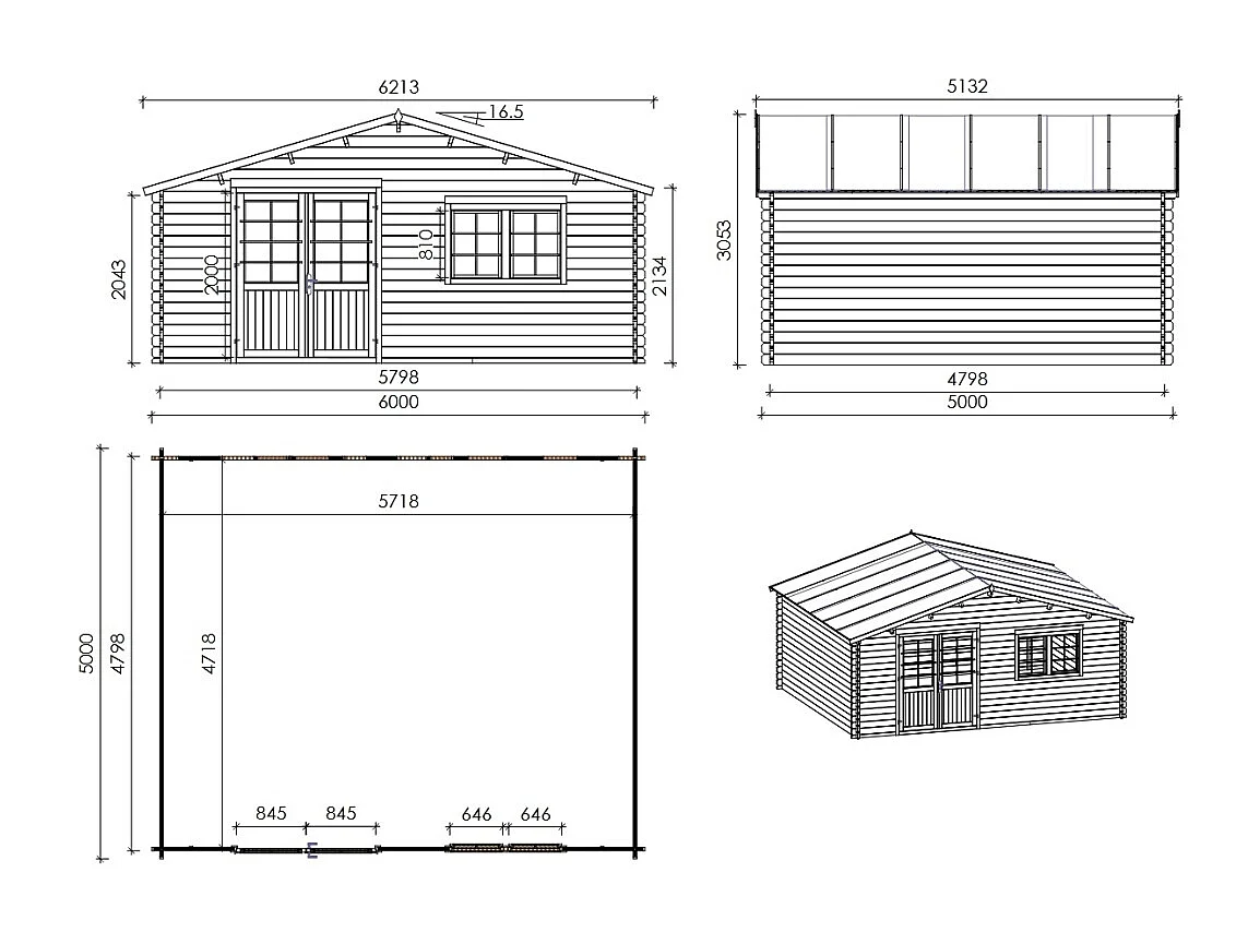 Abri de jardin en bois - 30m2 - 6x5m - Ep. 40mm - Couleur: naturel - DOM747 - ALTANKA