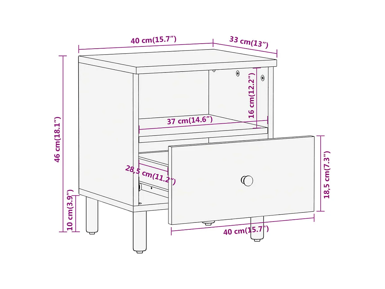 Table de chevet 40x33x46 cm Bois de manguier solide