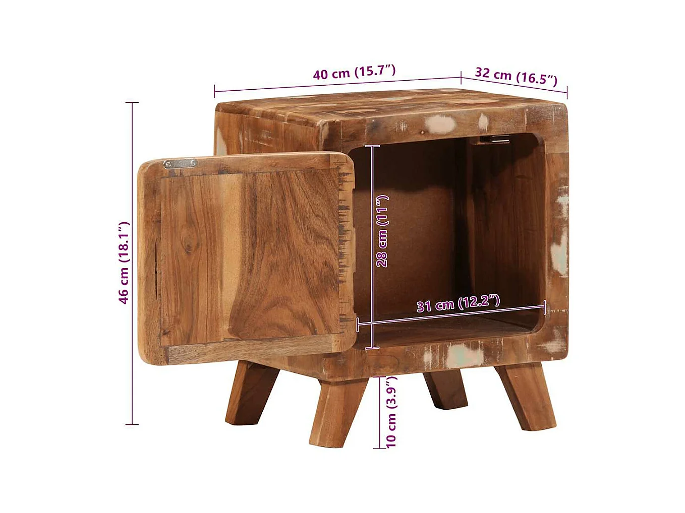 Table de chevet 40x32x46 cm bois massif de récupération