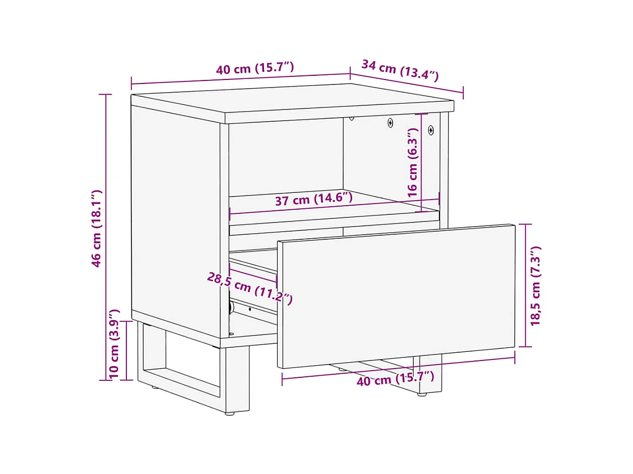 Table de chevet 40x34x46 cm bois de manguier massif