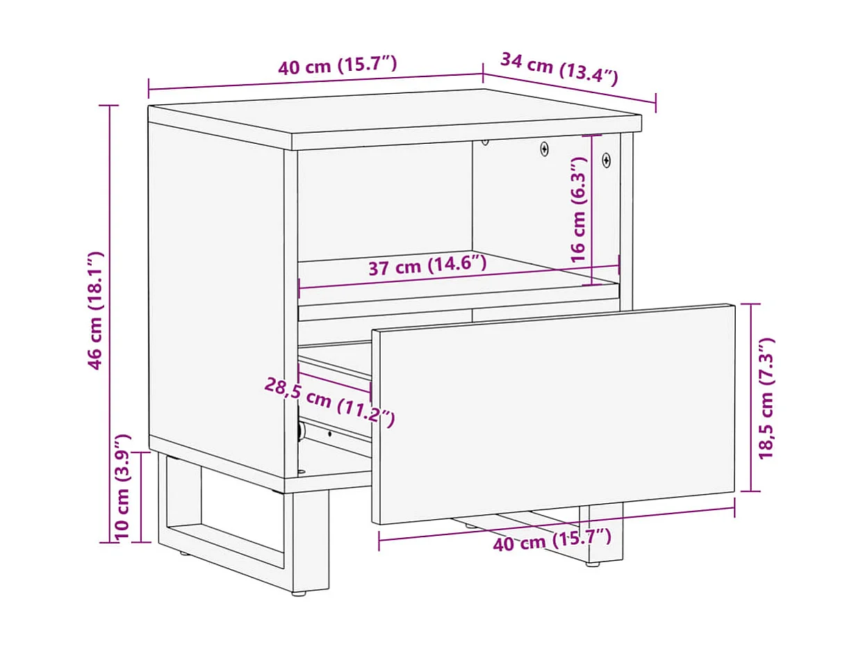 Table de chevet 40x34x46 cm bois de manguier massif