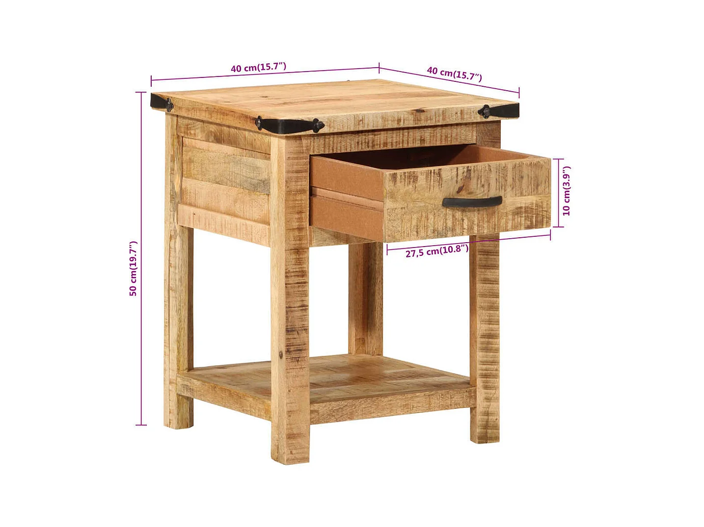 Table de chevet 40x40x50 cm bois de manguier massif
