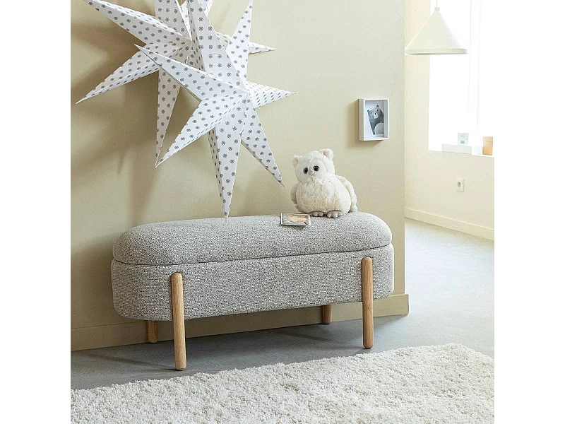 Banc en bois de pin et tissu bouclette gris clair Nério