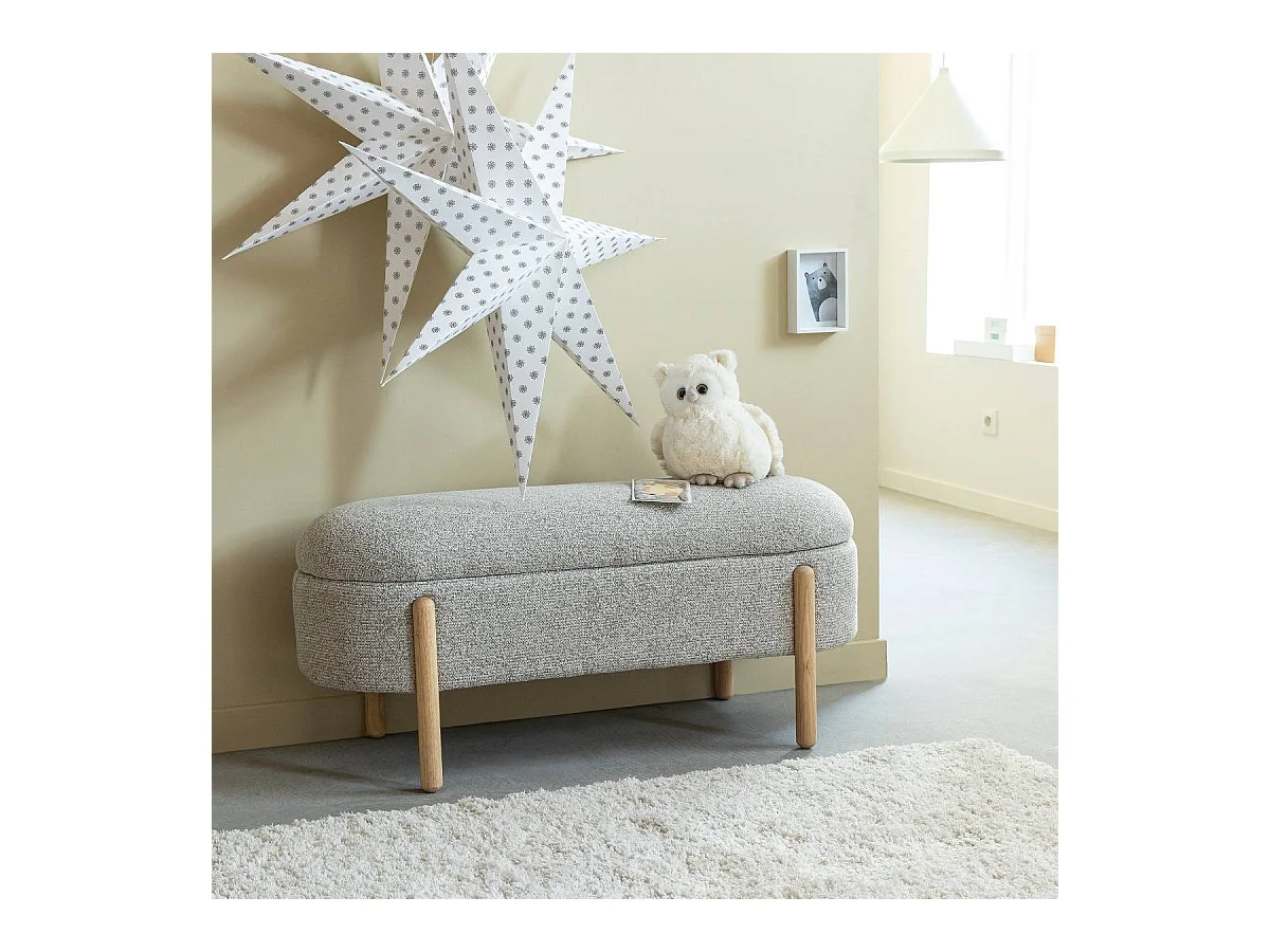 Banc en bois de pin et tissu bouclette gris clair Nério