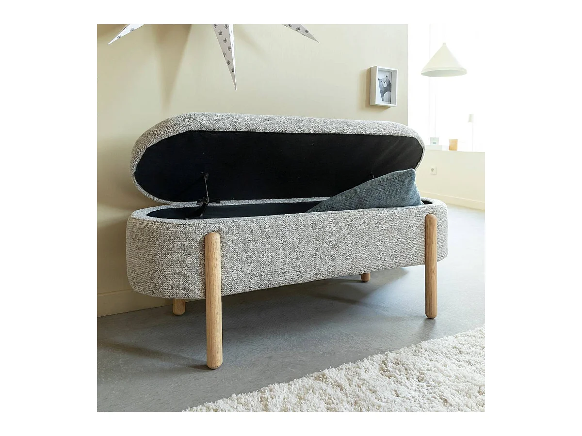 Banc en bois de pin et tissu bouclette gris clair Nério