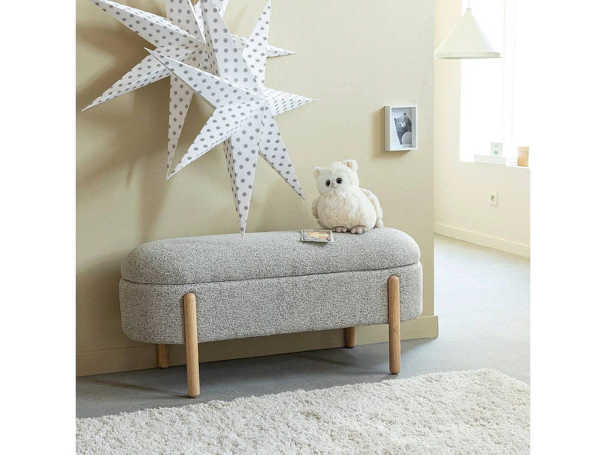 Banc en bois de pin et tissu bouclette gris clair Nério