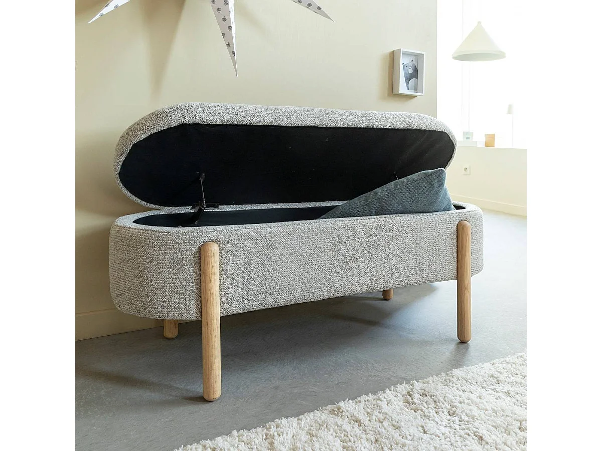 Banc en bois de pin et tissu bouclette gris clair Nério