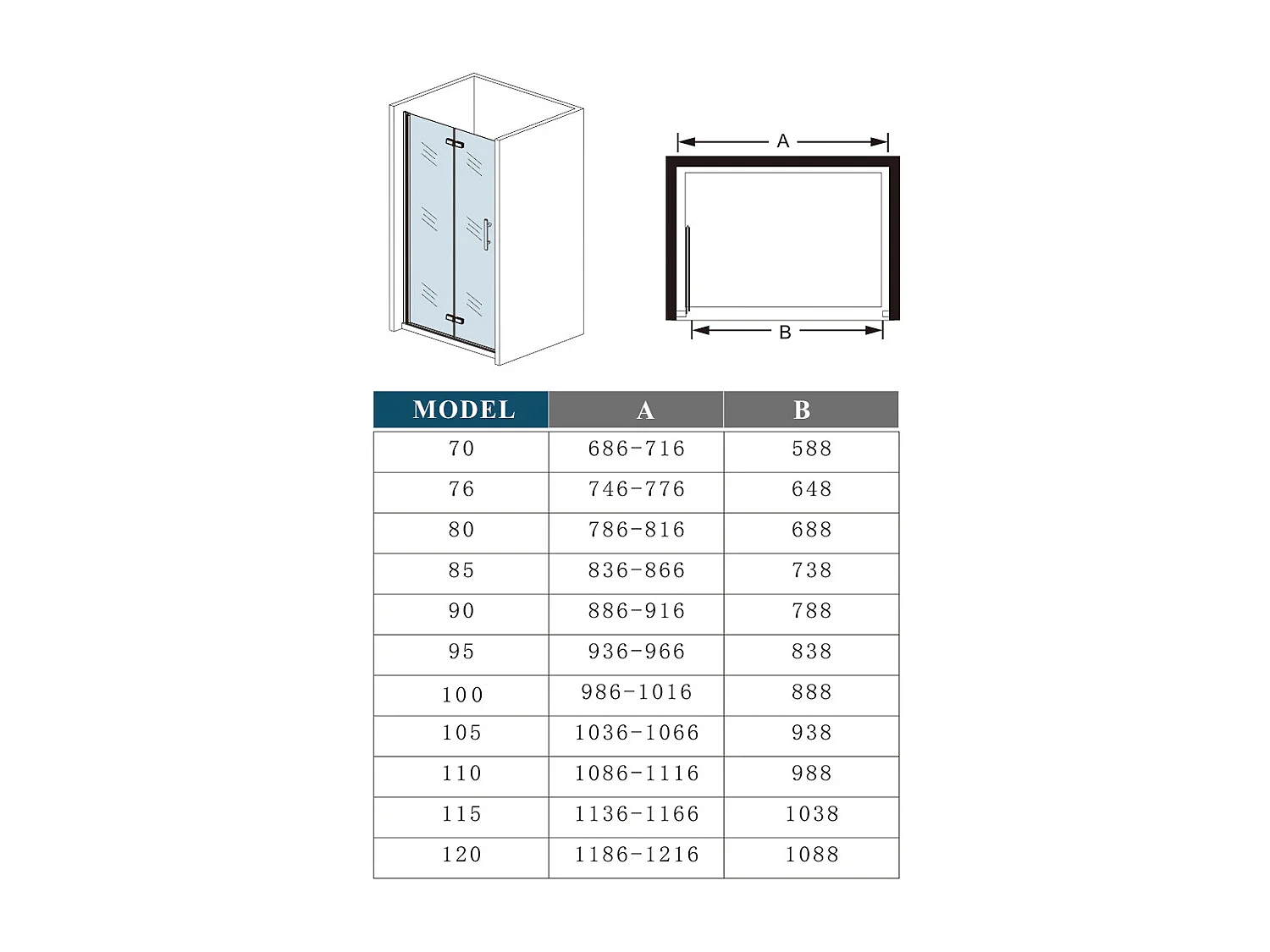 90x185cm Douchedeur vouwdeur, niche douchedeur, 6mm nano veiligheidsglas,ondoorzichtige matte middenstrook,Mat Zwart Profiel