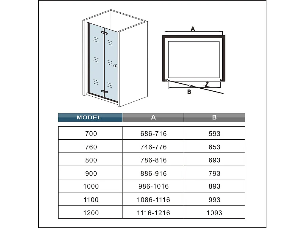 70x185cm Douchedeur vouwdeur,niche douchedeur,6mm Helder Veiligheidsglas Easyclean,Mat Zwart Profiel
