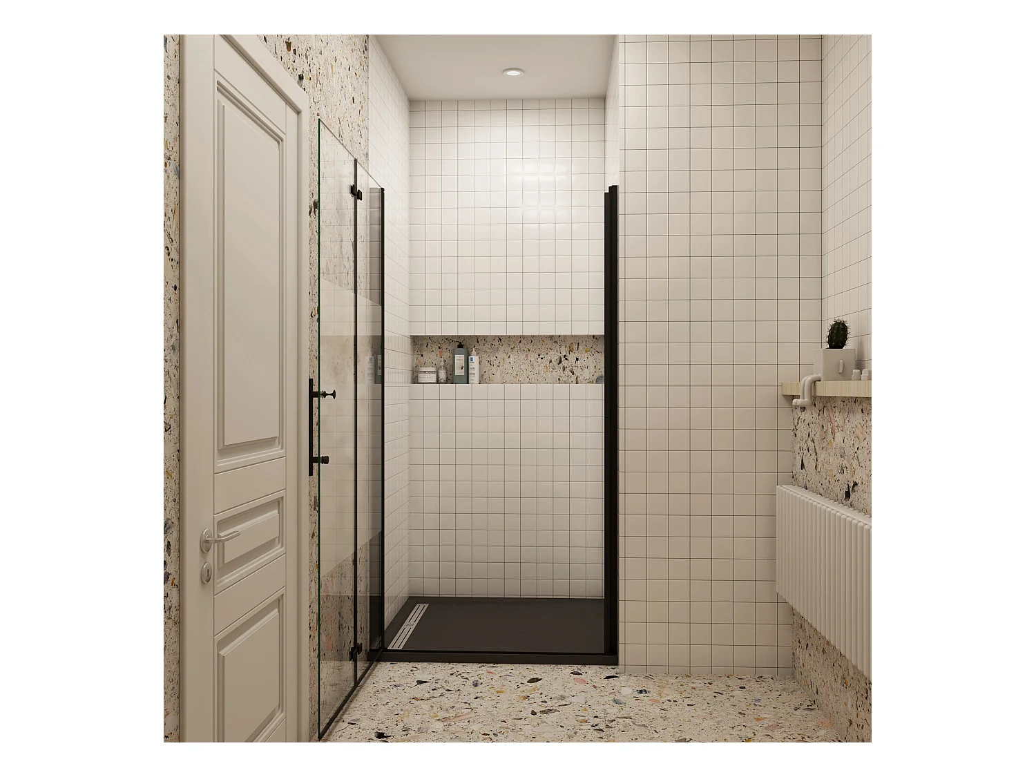 120x185cm Douchedeur vouwdeur, niche douchedeur, 6mm nano veiligheidsglas,ondoorzichtige matte middenstrook,Mat Zwart Profiel