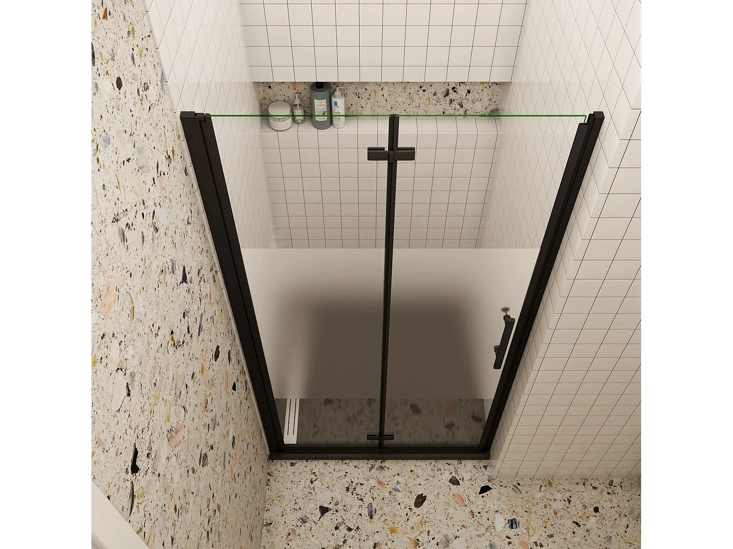 70x185cm Douchedeur vouwdeur, niche douchedeur, 6mm nano veiligheidsglas,ondoorzichtige matte middenstrook,Mat Zwart Profiel