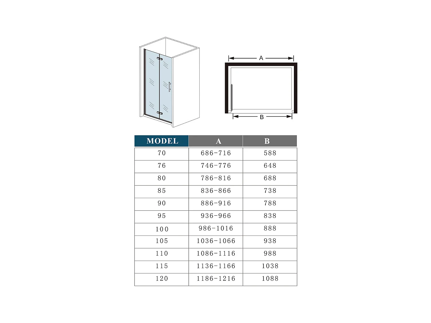 90x195cm Douchedeur vouwdeur,niche douchedeur,6mm Helder Veiligheidsglas Easyclean,Mat Zwart Profiel