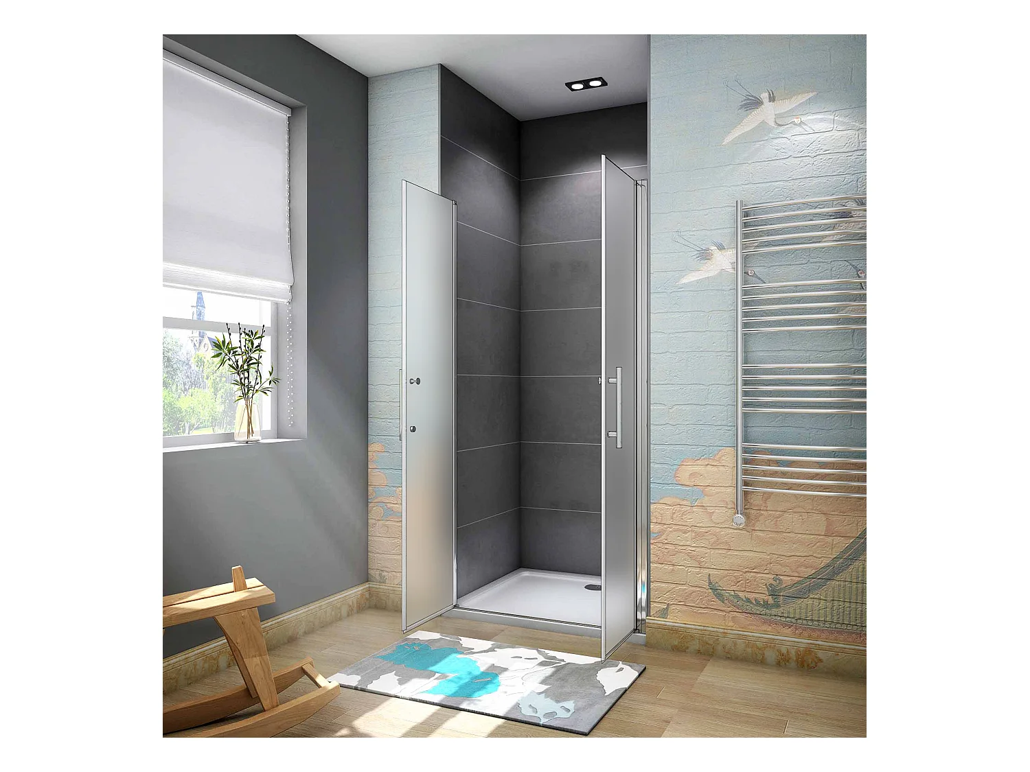 100x195cm Draaideur douchedeur, 6mm NANO veiligheidsglas ,glas is gelaagd met matte folie, profiel van glanzend chroom.